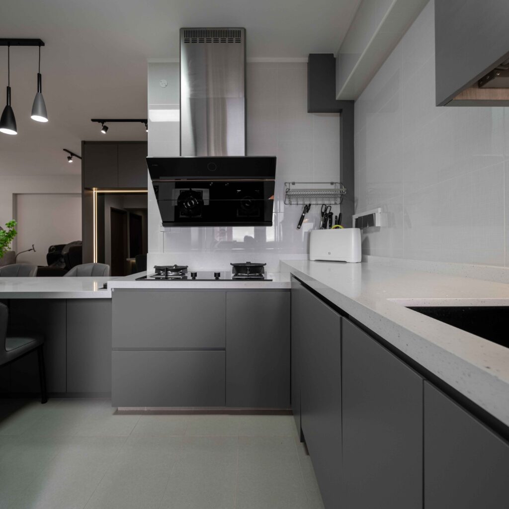Dark Minimalist Kitchen Island Design by Design 2B 267A Kim Keat