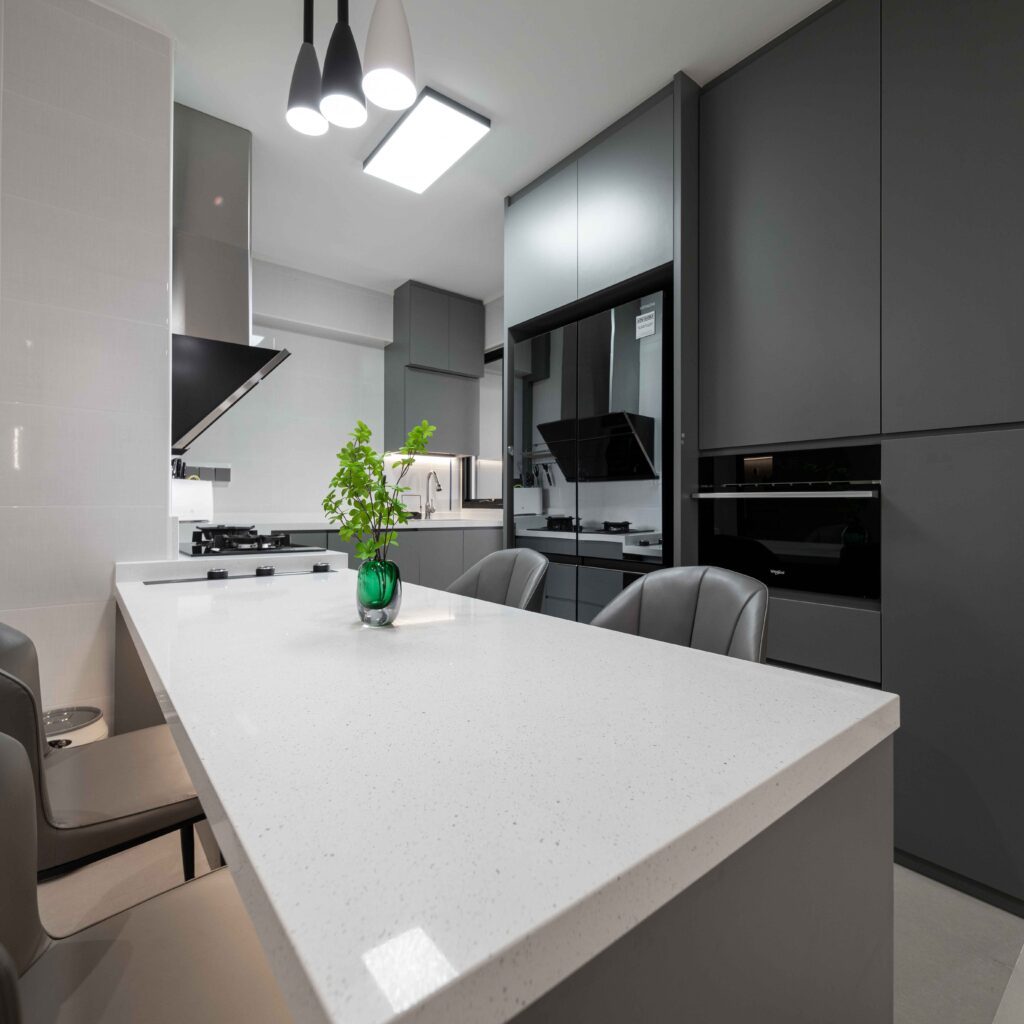 Dark Minimalist Kitchen Island Design by Design 2B 267A Kim Keat